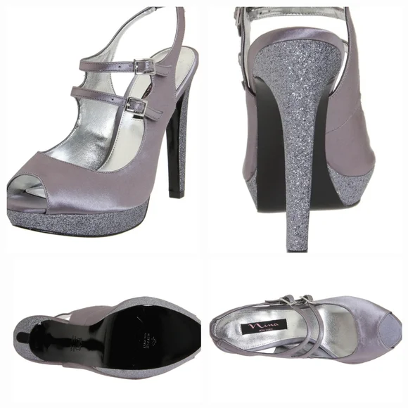 Nina Silver Metallic Satin Sandals Heels Sz 6.5 - Picture 3 of 15